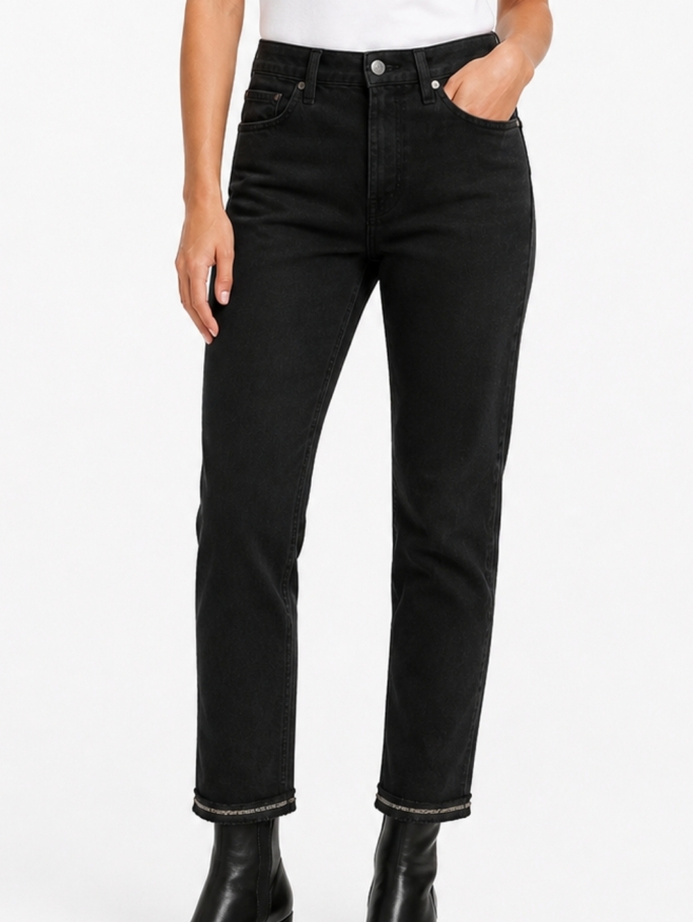 Jen7 Black Denim Jeans With Frayed Bottoms & Glittered Trim NWT